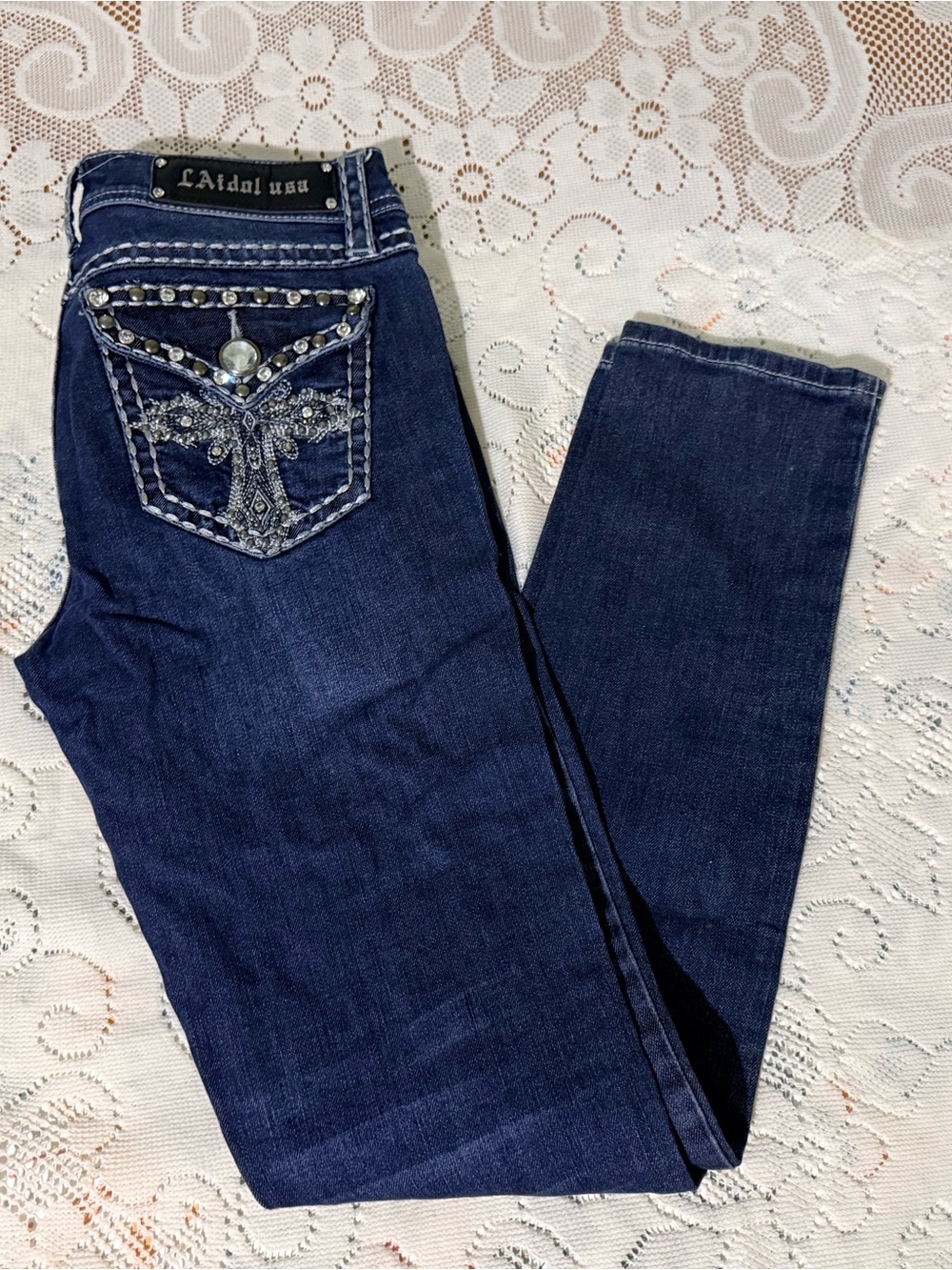 L.A. idol Dark Blue Skinny Jeans with Rhinestone Embellished Back Pocket